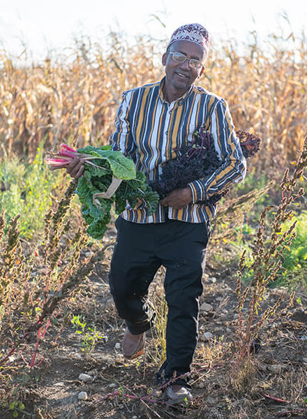 A Somali Bantu farmer in the field holding a bunch of chard